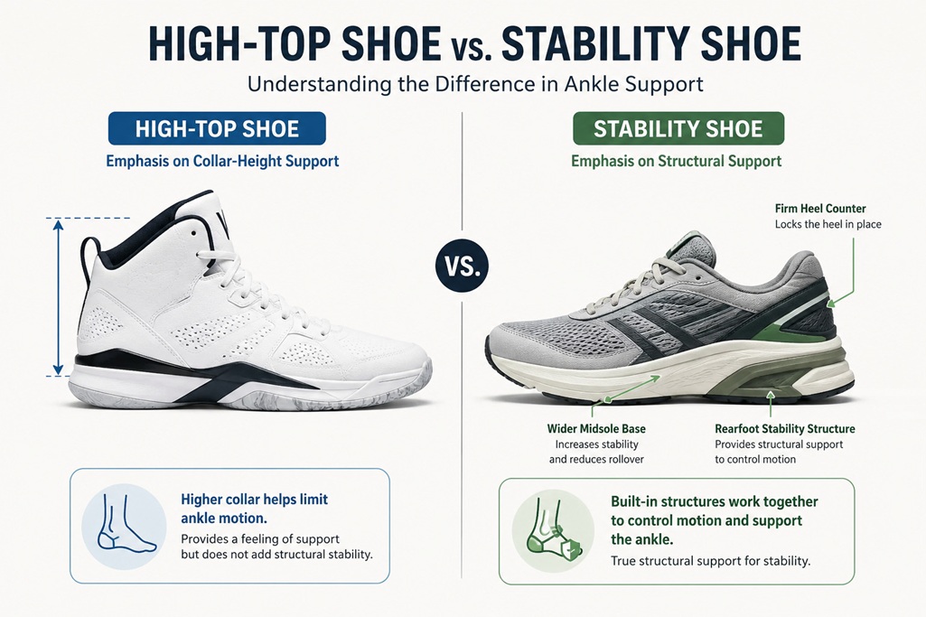 Diagram comparing the structural components of a high-top shoe versus a stability shoe with firm heel counter and wide midsole base
