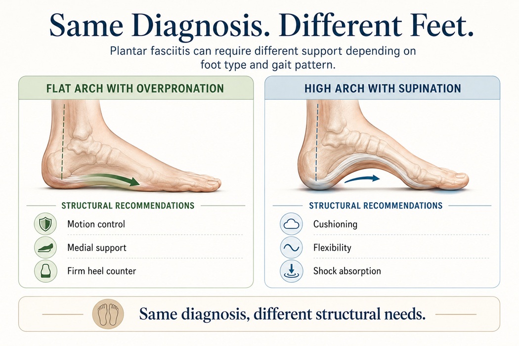 Diagram showing how the same diagnosis of plantar fasciitis maps to different treatment recommendations depending on foot type, arch height, and gait pattern
