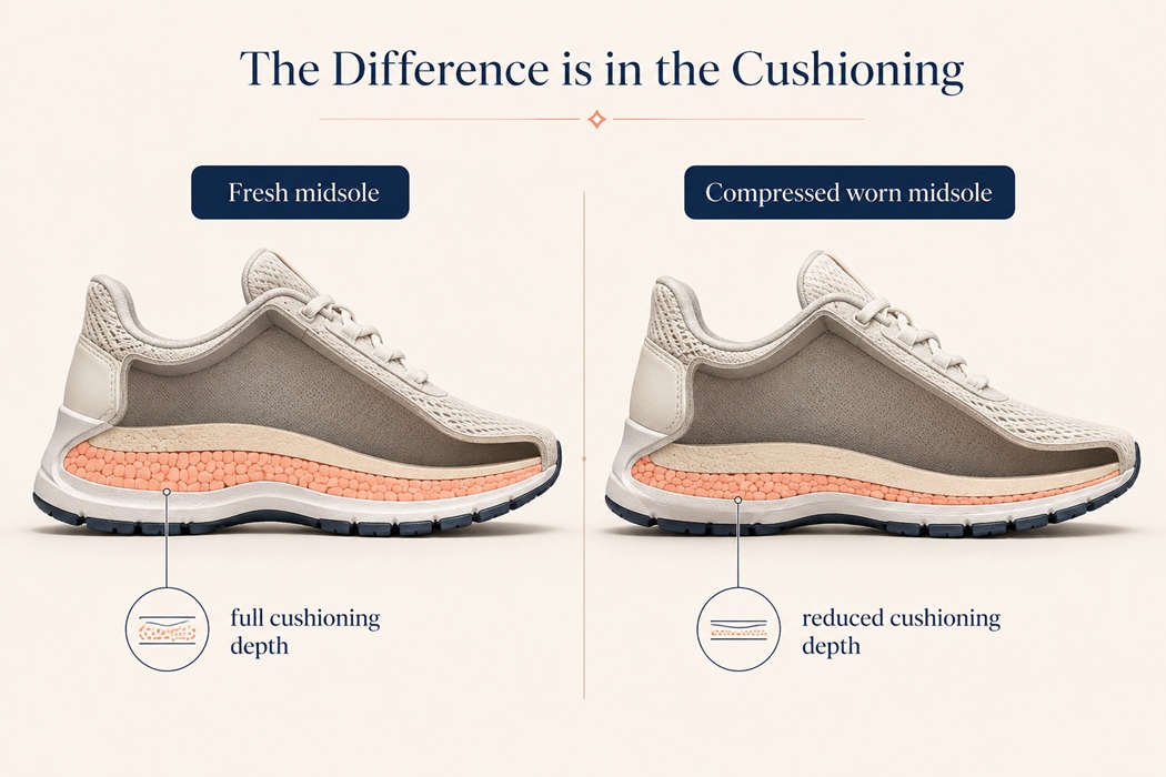 Cross section comparison of a fresh shoe midsole versus a compressed worn midsole showing reduced cushioning depth after extended use