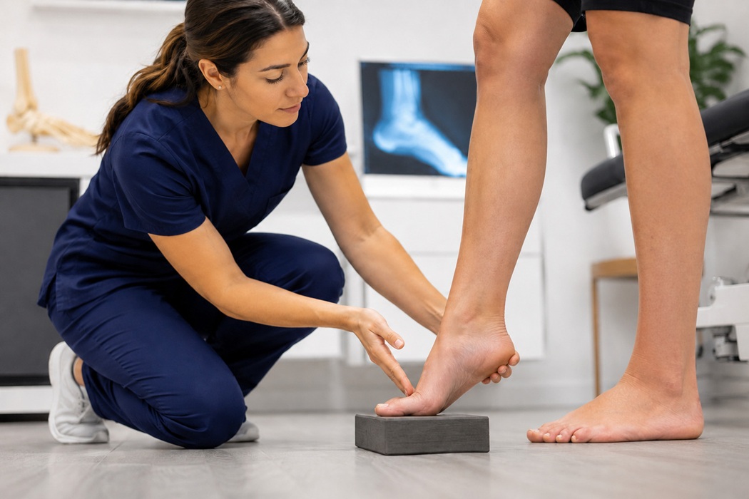 Podiatrist performing a Coleman block test on a patient to assess high arch flexibility and determine whether cavus foot is structural or neurological in origin