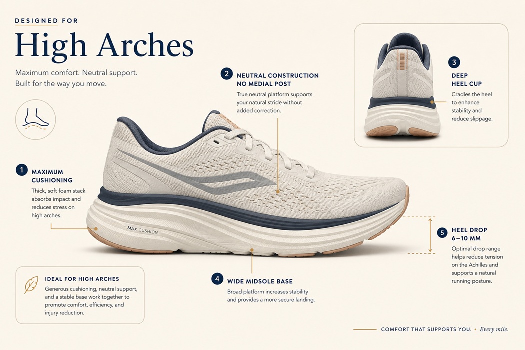 Diagram of a maximum cushioning neutral running shoe with annotations showing deep heel cup, wide midsole base, maximum foam stack height, and neutral construction with no medial post