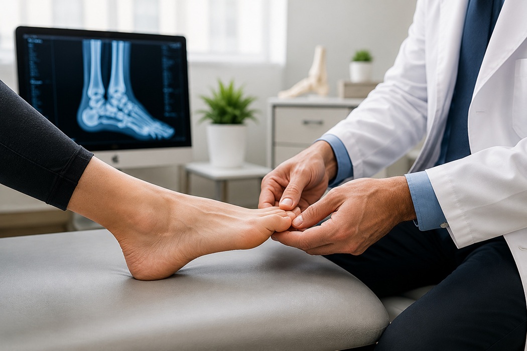 Podiatrist examining a patient's foot during a clinical footwear assessment — when new shoe pain requires professional evaluation