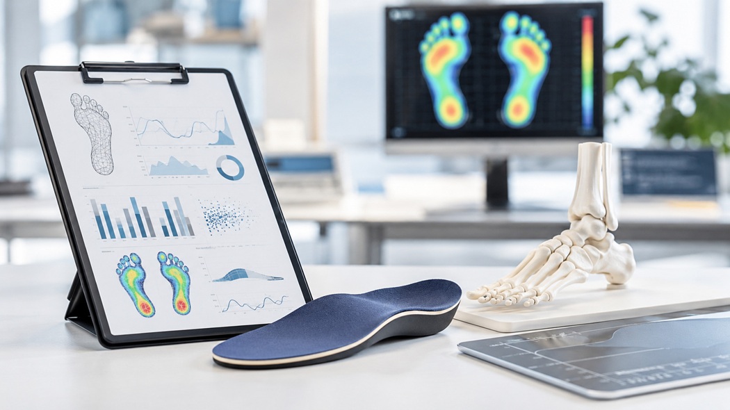 Custom orthotic, OTC insole, and supportive shoe displayed side by side showing the three intervention options